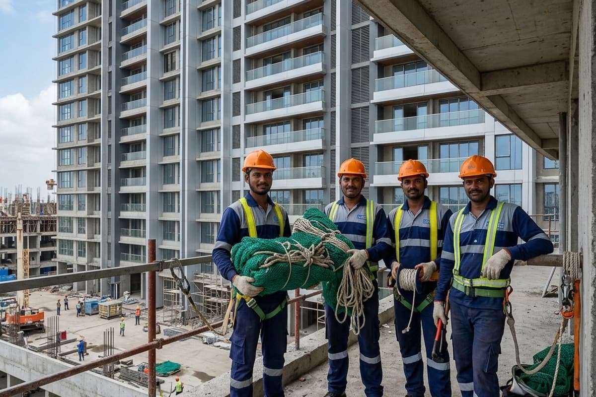 High rise balcony installation worker fitting safety net